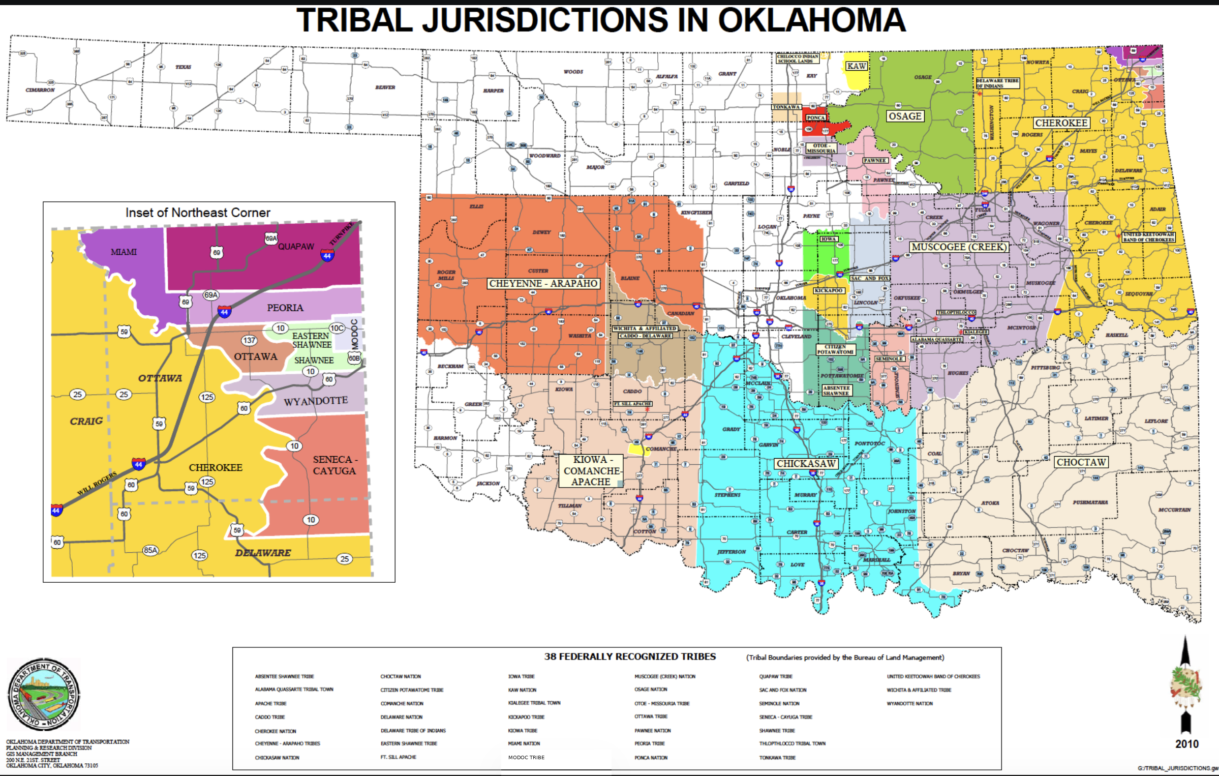 Overview map showing Tribal jurisdictions and Tribal geographic areas across Oklahoma, shaded by Nation and overlaid on county and highway lines, with an inset of the northeast corner and a legend listing 38 federally recognized tribes.